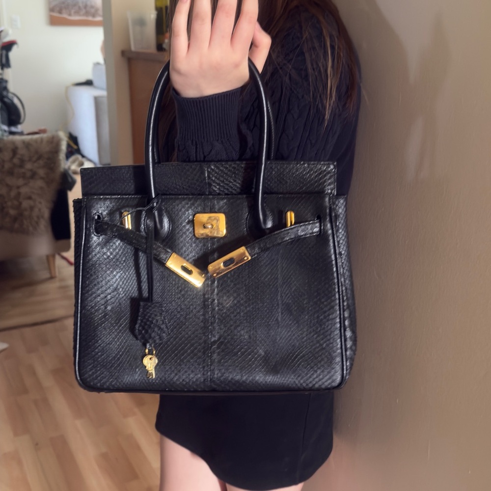 Structured Black Leather Satchel with Gold-Tone Hardware snake skin - Picture 2 of 16